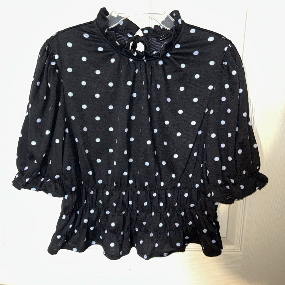 Who What Wear Polka Dot Ruffle Collar Tie Neck L Blouse Short Sleeve